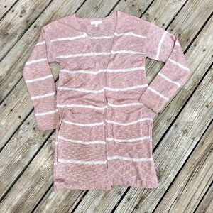 Love Tree Womens Sz Large Long Cardigan Dusty Rose White Stripes